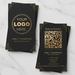 Cartão De Visita Código QR Art Déco Ouro Preto Design Minimalista E