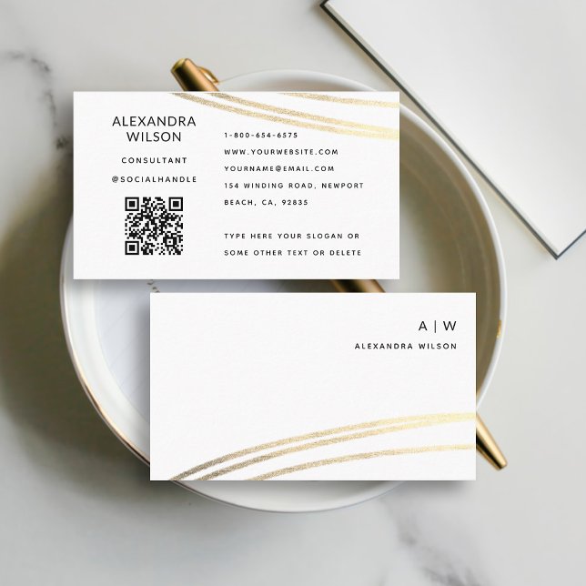 Cartão De Visita Código QR Assinatura Dourada branca Simples Profis (simple elegant professional  generic business card black white gold qr code website monogram sleek)