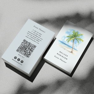 Cartão De Visita Código QR Azul Árvore Palmeira Tropical Praia Aqua