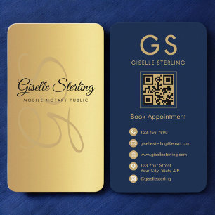 Cartão De Visita Código QR Azul do Marinho Público Dourado para Not