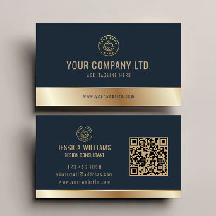 Cartão De Visita Código QR azul Dourado Elegante do logotipo person