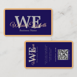 Cartão De Visita Código QR azul e dourado moderno e elegante com mo
