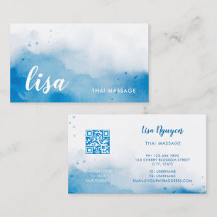 Cartão de Visita Código QR Azul Fundo Aquarela