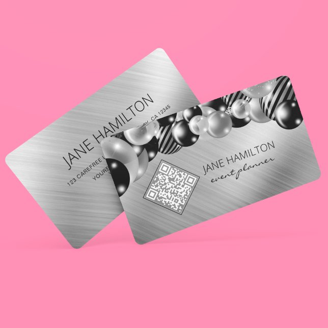 Cartão De Visita Código QR Balões Elegantes Prata (Criador carregado)