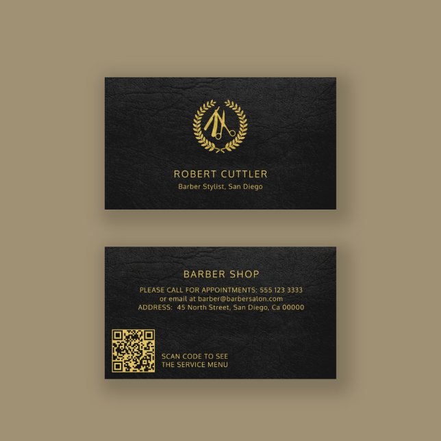 Cartão De Visita CÓDIGO QR barbershop LOGO - ouro preto elegante (Criador carregado)
