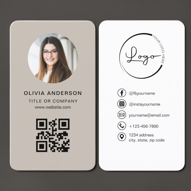 Cartão De Visita Código QR Bege Foto (Criador carregado)