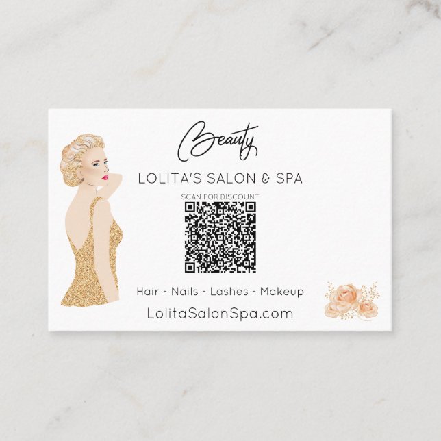 Cartão De Visita *~* Código QR Beleza Floral Salão Spa Woman Glam A (Frente)
