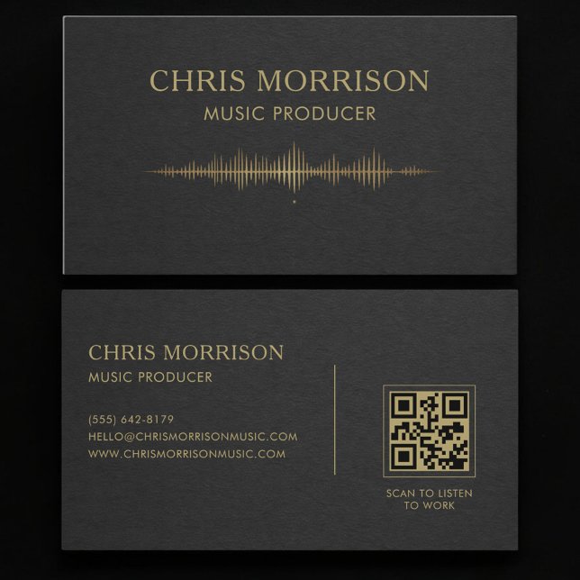 Cartão De Visita Código QR Black Gold de Produtor Musical (Criador carregado)