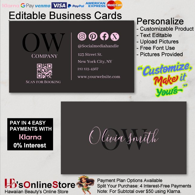 Cartão De Visita Código QR Black Pink Inicial Elegante Mídia Social (QR Code Black Pink Elegant Initial Social Media Business Card.)