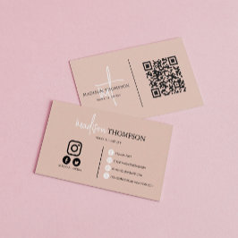 Cartão De Visita Código QR Boho Beige de Tipografia Script Monogram
