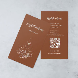 Cartão De Visita Código QR Boho Rosa Floral Lua Terracota