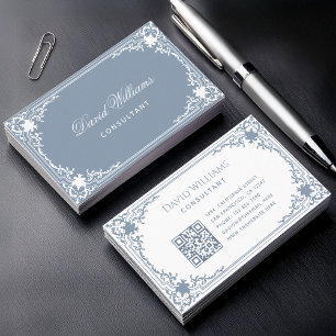 Cartão De Visita Código QR Branco Azul Empoeirado Vintage Elegante 