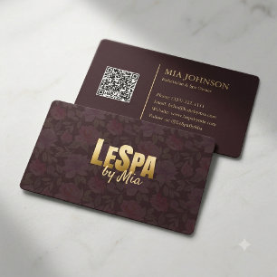 Cartão De Visita Código QR Burgundy Gold Spa Floral de Luxo