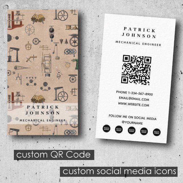 Cartão De Visita Código QR científico mecânico de engenharia antigo (Antique Engineering Mechanical Scientific QR Code Business Card)
