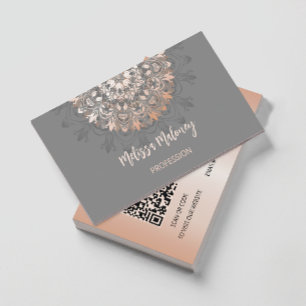Cartão De Visita Código QR   Cinza Dourada Floral Mandala