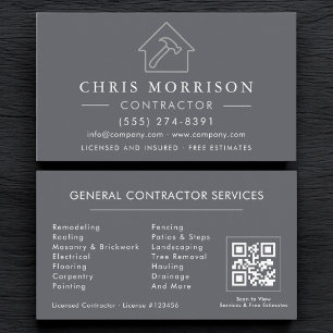 Cartão De Visita Código QR Cinza Prata Construção Geral