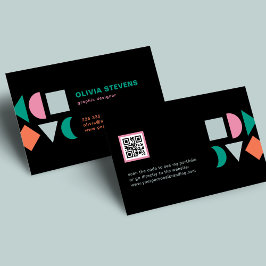 Cartão De Visita Código QR colorido abstrato único moderno preto