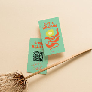 Cartão De Visita Código QR Colorido Retro Boho Groovy Floral Margar