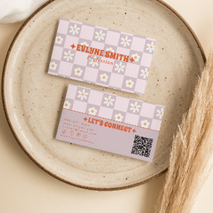 Cartão De Visita Código QR Colorido Retro Xadrez Floral Divertido