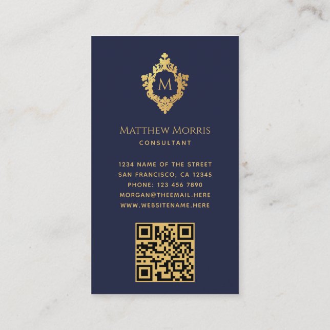 Cartão De Visita Código QR com Crista de Ouro Falso Azul Marinho Mo (Verso)