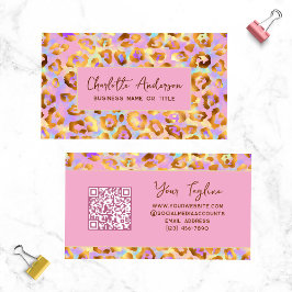 Cartão De Visita Código QR com Estampa de Leopardo em Dourado Paste