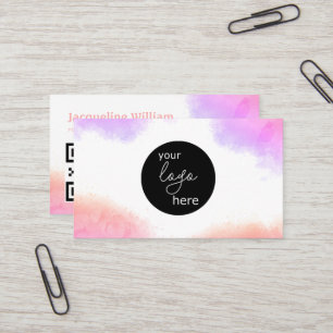 Cartão De Visita Código QR com Logo Personalizado em Aquarela Rosa