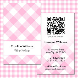 Cartão De Visita Código QR com padrão xadrez gingham rosa branco fo