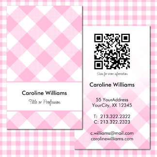 Cartão De Visita Código QR com padrão xadrez gingham rosa branco fo