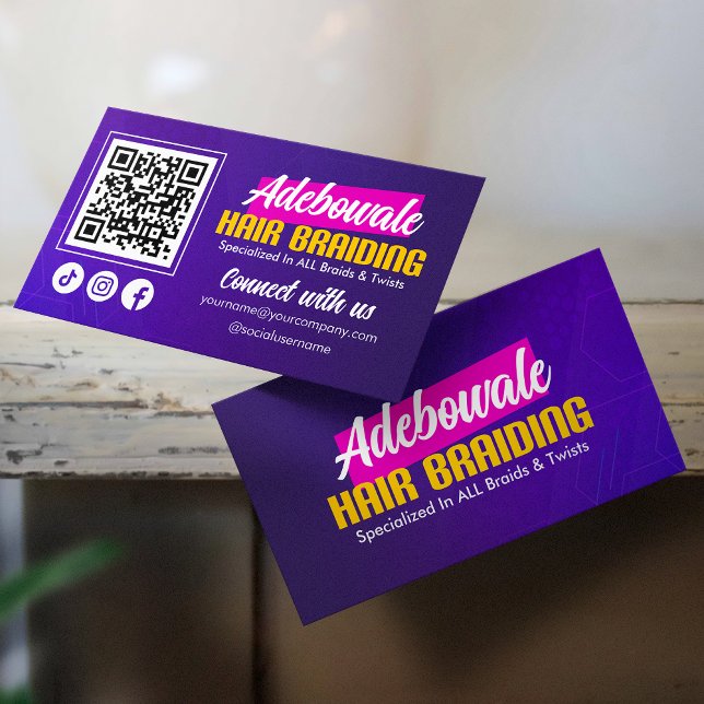 Cartão De Visita Código QR Conecte-se Conosco Cabelo Africano Roxo, (Criador carregado)