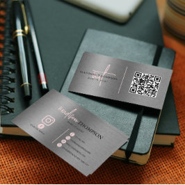 Cartão De Visita Código QR cor-de-rosa do Script Silver de Aço Pinc