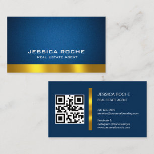 Cartão De Visita Código QR couro azul de luxo elegante Imobiliário