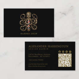 Cartão De Visita Código Qr da Barbearia do Polvo de Bronze Elegante