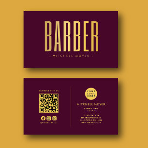 Cartão De Visita Código QR da Barbearia Moderna Logotipo Dourado Bu