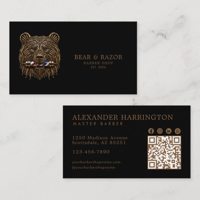 Cartão De Visita Código Qr da Barbearia Professional Bronze Bear (Frente/Verso)