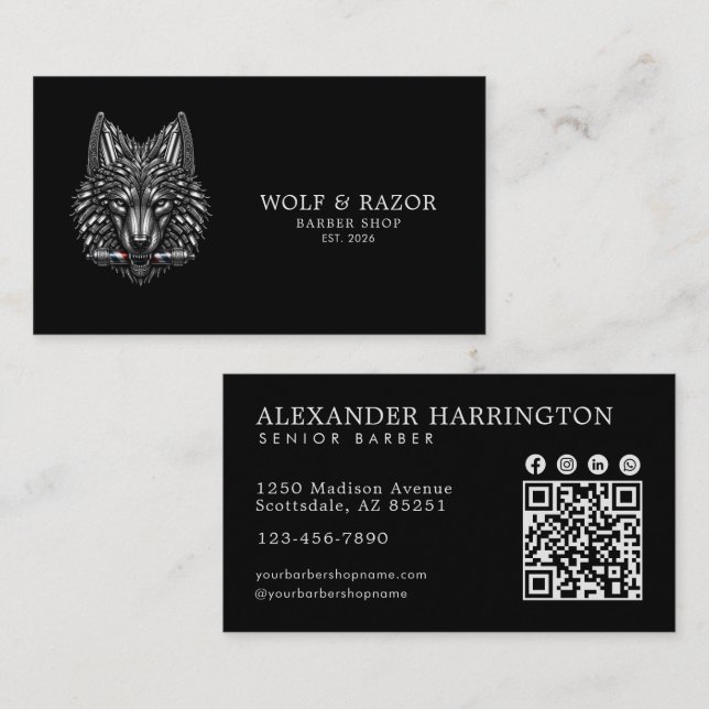 Cartão De Visita Código Qr da Barbearia Professional Silver Wolf (Frente/Verso)