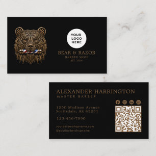 Cartão De Visita Código Qr da Barbearia Profissional Bronze Bear