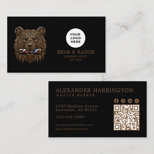 Cartão De Visita Código Qr da Barbearia Profissional Bronze Bear (Frente/Verso)