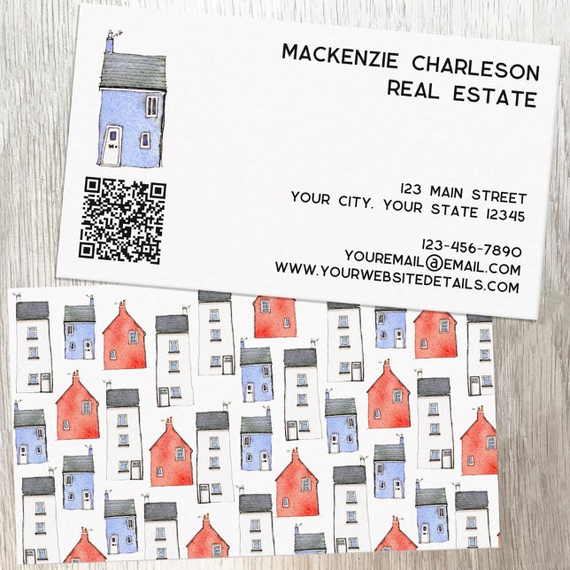 Cartão De Visita Código QR da Casa de Aquarela (Watercolor house QR code business card suitable for real estate agent, builder, home renovation etc)