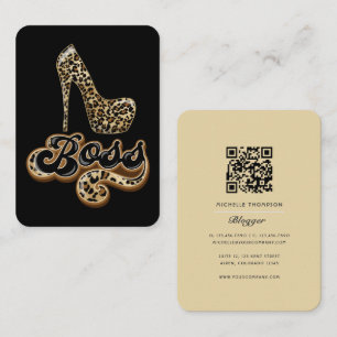 Cartão De Visita Código QR da Dama Chefe Leopardo Preto e Dourado