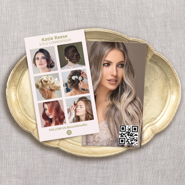 Cartão De Visita Código QR da Grade de Fotos de Mídia Social Rosa - (pink 6 photo grid instagram social media networking business card with QR code)