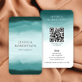 Cartão De Visita Código QR da Mídia Social Teal Moderna em Watercol