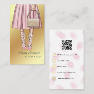 Cartão De Visita Código QR da Moda Rosa e Dourada