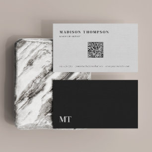 Cartão De Visita Código QR da Monograma de Cinzas Escuras Simples E