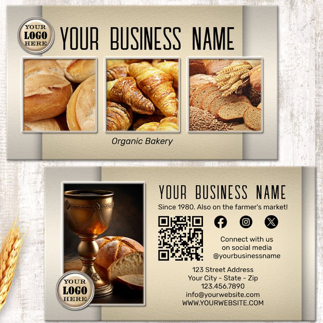 Cartão De Visita Código QR da Padaria de Pão Foto Mídia Social (Bread bakery business card featuring your custom images on a stylish design in light earth colors)