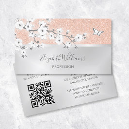 Cartão De Visita Código QR da Rosa Floral Dourada Glitter Silver
