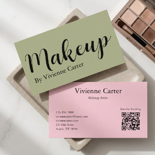 Cartão De Visita Código QR da Sala de Maquiagem Olive Green Pink Sc