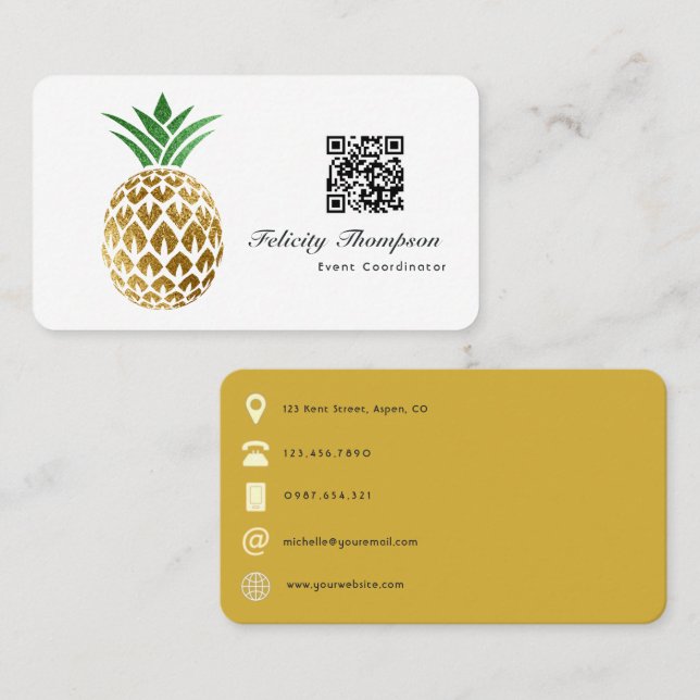 Cartão De Visita Código QR de Abacaxi com Folha de Ouro Falso (Frente/Verso)