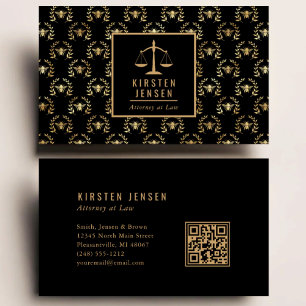 Cartão De Visita Código QR de Advogado Preto Dourado com Padrão de