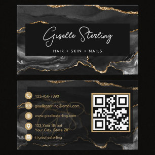 Cartão De Visita Código QR de Ágata Preta Elegante Moderna