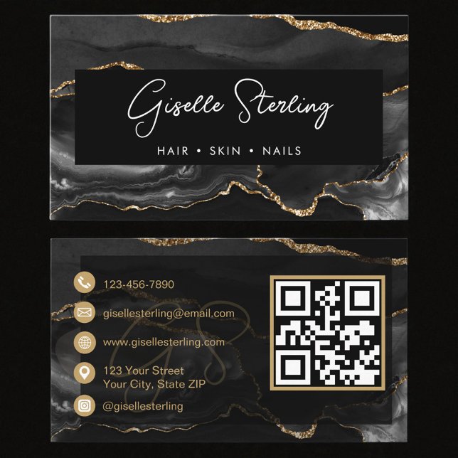 Cartão De Visita Código QR de Ágata Preta Elegante Moderna (Criador carregado)